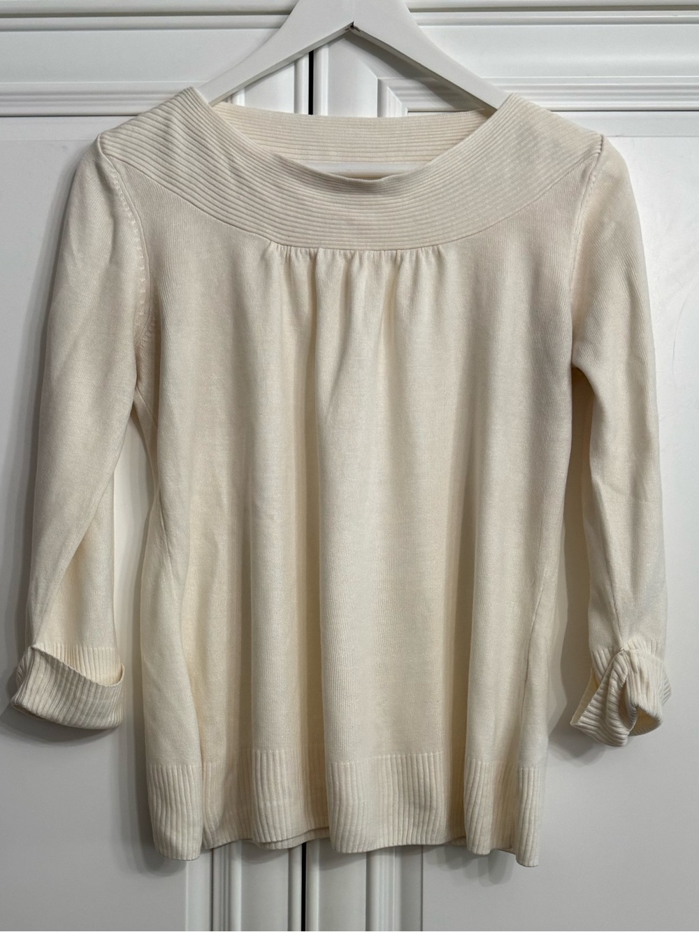 Marks & Spencer Cream Boatneck 3/4 Sleeve Knit Top Ribbed Neckline Cuffs Size 12